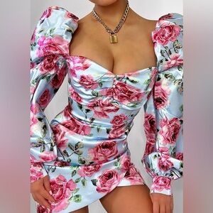 Floral Satin Dress with Pink Roses
